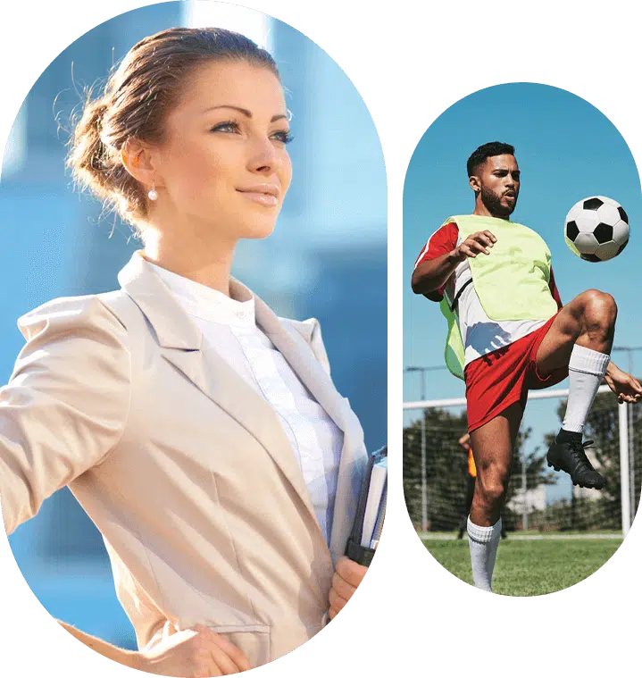 Photo of a young businesswoman on the left next to a photo of a young male soccer player wearing a yellow vest who is kicking the soccer ball up with his knee to the right, both of whom are patients of the Centers for Advanced Orthopaedics.