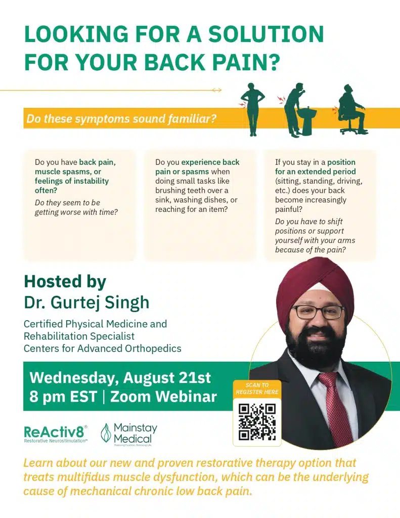 Poster for "Looking for a Solution For Your Back Pain?" webinars hosted by Dr. Gurtej Singh.