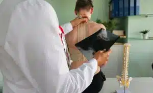 An orthopedic spine specialist examining a patient with a spinal injury in a medical facility during a treatment session.